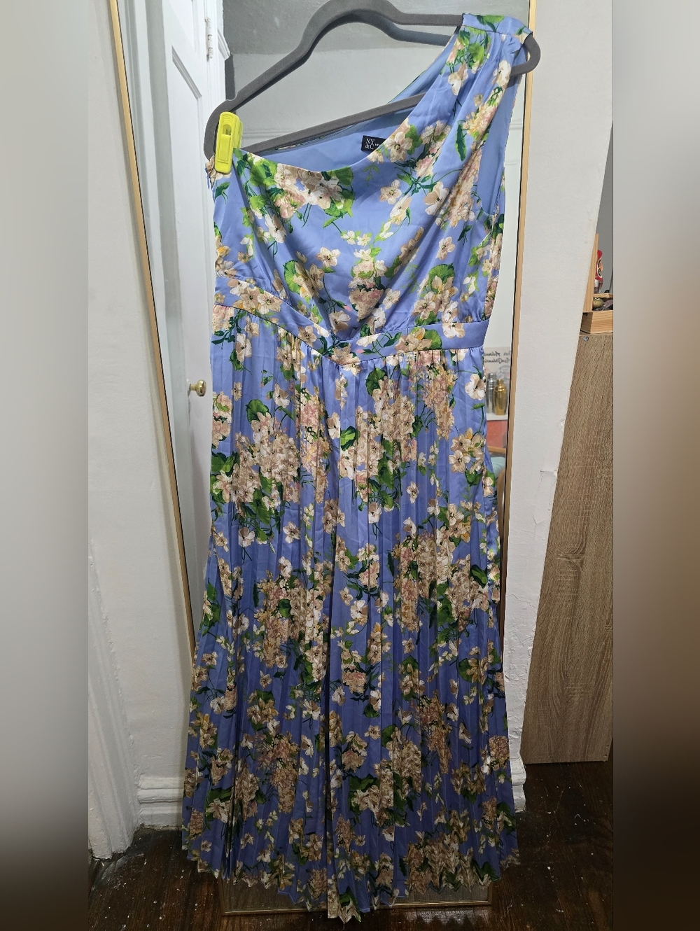 New York & Company Blue Floral One-Shoulder Pleated Maxi Skirt